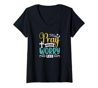 Femme Vêtements d'encouragement basés sur la Foi Pray More Worry Less T-Shirt avec Col en V