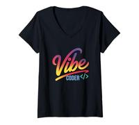 Femme Vibe Coder Funny Gradient Dev Code Syntaxe Sarcastic Chill T-Shirt avec Col en V