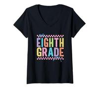 Femme Vibes à carreaux colorés de huitième année T-Shirt avec Col en V