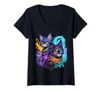 Femme Vibrant Dual Cats - Epic Anime & Gaming Katzen Art Showcase T-Shirt avec Col en V