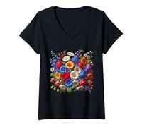 Femme Vibrant Garden Bloom Collage Rouge Bleu Blanc Formes Mania T-Shirt avec Col en V