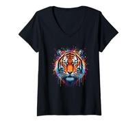 Femme Vibrant Tiger Splash Art, Tigre du Bengale Aquarelle Colorée T-Shirt avec Col en V