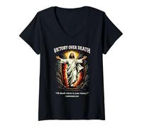 Femme Victoire sur la Mort : Résurrection de Jésus (1 Corinthiens 15:55) T-Shirt avec Col en V
