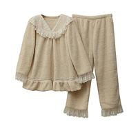 Femme Victorien Ensemble de Pyjama 2 pièces Polaire d'hiver Corail Vêtements de détente Couleur Unie Chemise de Nuit et Bas avec Dentelle Transparente Vêtements de Nuit Ensembles de Salon Beige L