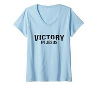 Femme Victory in Jesus - Verse biblique Philippiens 4:13 Christian T-Shirt avec Col en V