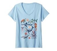 Femme Vie océanique Créatures Marines Collage Enfants Animaux Marins Requin T-Shirt avec Col en V