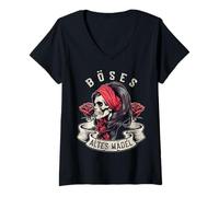Femme Vieille Fille méchante tête de Mort Motard Roses crâne Bandana T-Shirt avec Col en V