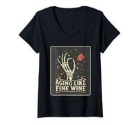 Femme Vieillir comme Un vin Fin Squelette Main Rose Anniversaire Humour T-Shirt avec Col en V