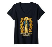 Femme Vierge de Lourdes Prière Foi Catholique Spirituelle T-Shirt avec Col en V