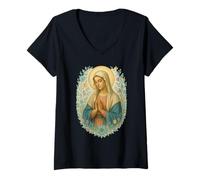 Femme Vierge Marie catholique - Prière du Rosaire T-Shirt avec Col en V