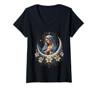 Femme Vierge Marie Croissant de Lune Lys Art Dévotionnel Catholique T-Shirt avec Col en V