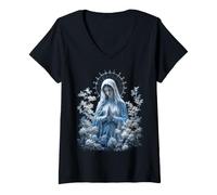 Femme Vierge Marie Prière Portrait avec Lys Blancs Art Sacré T-Shirt avec Col en V