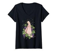 Femme Vierge Marie Raisin Floral Religieux T-Shirt avec Col en V