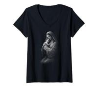 Femme Vierge Marie Tenant l'enfant Jésus Sacré Amour T-Shirt avec Col en V