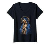 Femme Vierge Marie Voile Bleu Dévotion Catholique Sacré Portrait T-Shirt avec Col en V