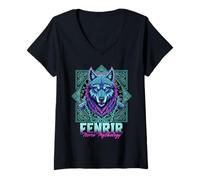 Femme Viking Celtic Fenrir Vaporwave Mythologie Nordique Loup T-Shirt avec Col en V