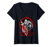 Femme Viking en colère avec casque, épée et bouclier. Valhalla vous attend. T-Shirt avec Col en V