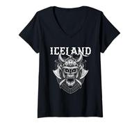 Femme Viking Islande Crâne Guerrier Norse Casque Haches Art Graphique T-Shirt avec Col en V