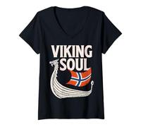 Femme Viking Soul Norway Longship Scandinavian Pride T-Shirt avec Col en V