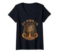 Femme Viking Wolf Valhalla Norse Mythology - Urnes Style Fire T-Shirt avec Col en V