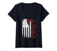 Femme Vikings Lovers Norse Viking Axe American Flag Til Valhalla T-Shirt avec Col en V