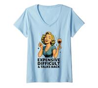 Femme Vin rétro drôle de parole difficile et coûteux T-Shirt avec Col en V
