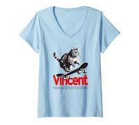 Femme VINCENT - beau nom de garçon avec un chat & skateboard T-Shirt avec Col en V