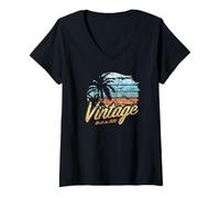 Femme Vintage 1929 Palm Tree Beach Vacation Sunset 97th Birthday T-Shirt avec Col en V