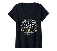 Femme Vintage 1957 Fleur Florale 69 Ans 69e Anniversaire Femme T-Shirt avec Col en V