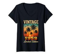 Femme Vintage 1959 Édition limitée Coucher de Soleil Palmiers 66ème Anniversaire T-Shirt avec Col en V