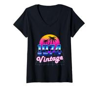 Femme Vintage 1974 Anniversaire 51 ans Années 80's Rétro Palmier Coucher de Soleil T-Shirt avec Col en V