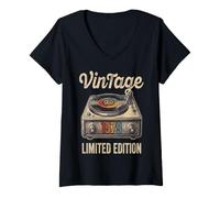 Femme Vintage 1979 Tourne-Disque Vinyle rétro T-Shirt avec Col en V