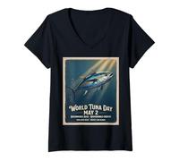 Femme Vintage BluefinTuna 2 mai Journée Mondiale T-Shirt avec Col en V