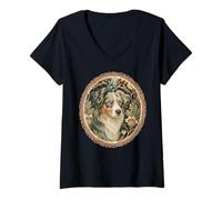 Femme Vintage Botanical Berger Australien Bleu Merle T-Shirt avec Col en V