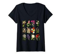 Femme Vintage Botanical Flowers Tulipes, Irises, Camélias, Roses T-Shirt avec Col en V