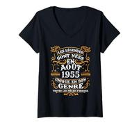 Femme Vintage Cadeau D'anniversaire 70 Ans Nés En Août 1955 T-Shirt avec Col en V