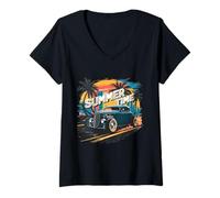 Femme Vintage Car Adventures in Summer Along The Beach Road T-Shirt avec Col en V