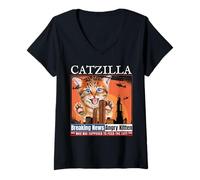 Femme Vintage Catzilla Breaking News, Amour drôle de Chat de T-Shirt avec Col en V