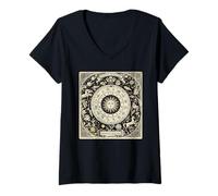Femme Vintage Celestial Navigation Astrologie Zodiaque Soleil Lune Étoiles T-Shirt avec Col en V