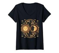 Femme Vintage Celestial Sun Moon Spiritual Harmony T-Shirt avec Col en V