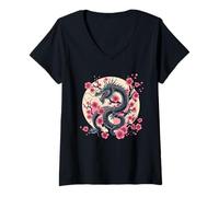 Femme Vintage Chinese Dragon Asian Art Cherry Blossom Pink Flower T-Shirt avec Col en V