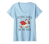 Femme Vintage Christmas Silly Goose on The Loose, Noël T-Shirt avec Col en V