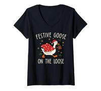 Femme Vintage Christmas Silly Goose on The Loose, Xmas T-Shirt avec Col en V