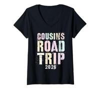 Femme Vintage Cousins Road Trip Famille 2026 Vacances Surf T-Shirt avec Col en V