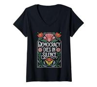 Femme Vintage Democracy Dies in Silence Keep Strong Nation America T-Shirt avec Col en V
