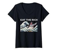 Femme Vintage Eat The Rich Ukiyo-e Kanagawa Wave Ocean Lovers T-Shirt avec Col en V