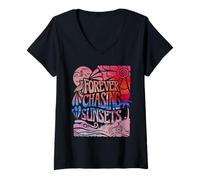 Femme Vintage Forever Chasing Sunsets Hawaï Plage Vacances d'été T-Shirt avec Col en V