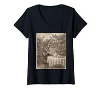 Femme Vintage Girafe High Tea Victorian Cottagecore T-Shirt avec Col en V