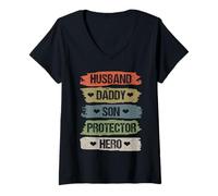 Femme Vintage Husband Daddy Son Protector Hero for Dad Fathers Day T-Shirt avec Col en V