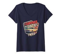 Femme Vintage J'ai survécu aux années 60 deux fois, 60e et 70e anniversaire du roi T-Shirt avec Col en V